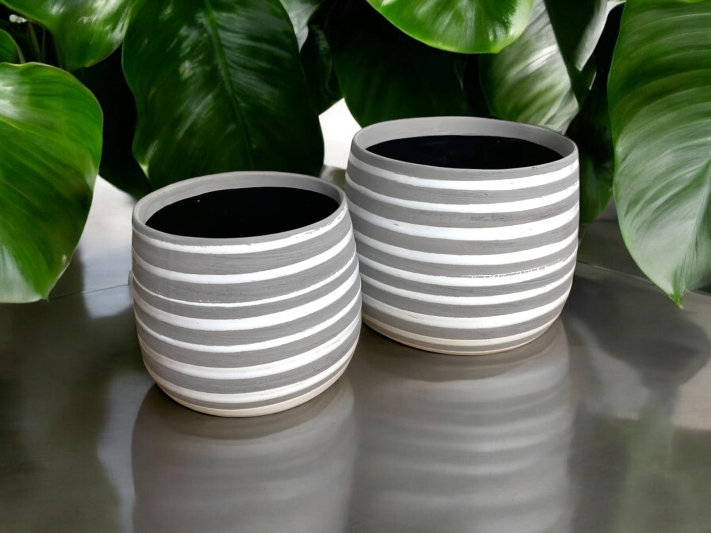 Gray Striped Planter Without Drainage Grey Flower Pot House Plant Lover Planter Set Gift for Mom