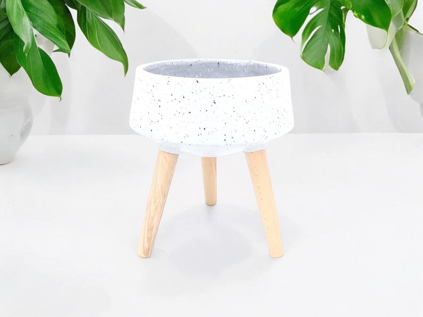 Large Terrazzo Shallow Succulent Planter with Wooden Legs Gray Tripod Flower Pot Grey