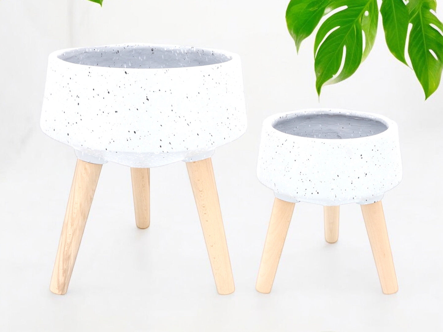 Large Terrazzo Shallow Succulent Planter with Wooden Legs Gray Tripod Flower Pot Grey