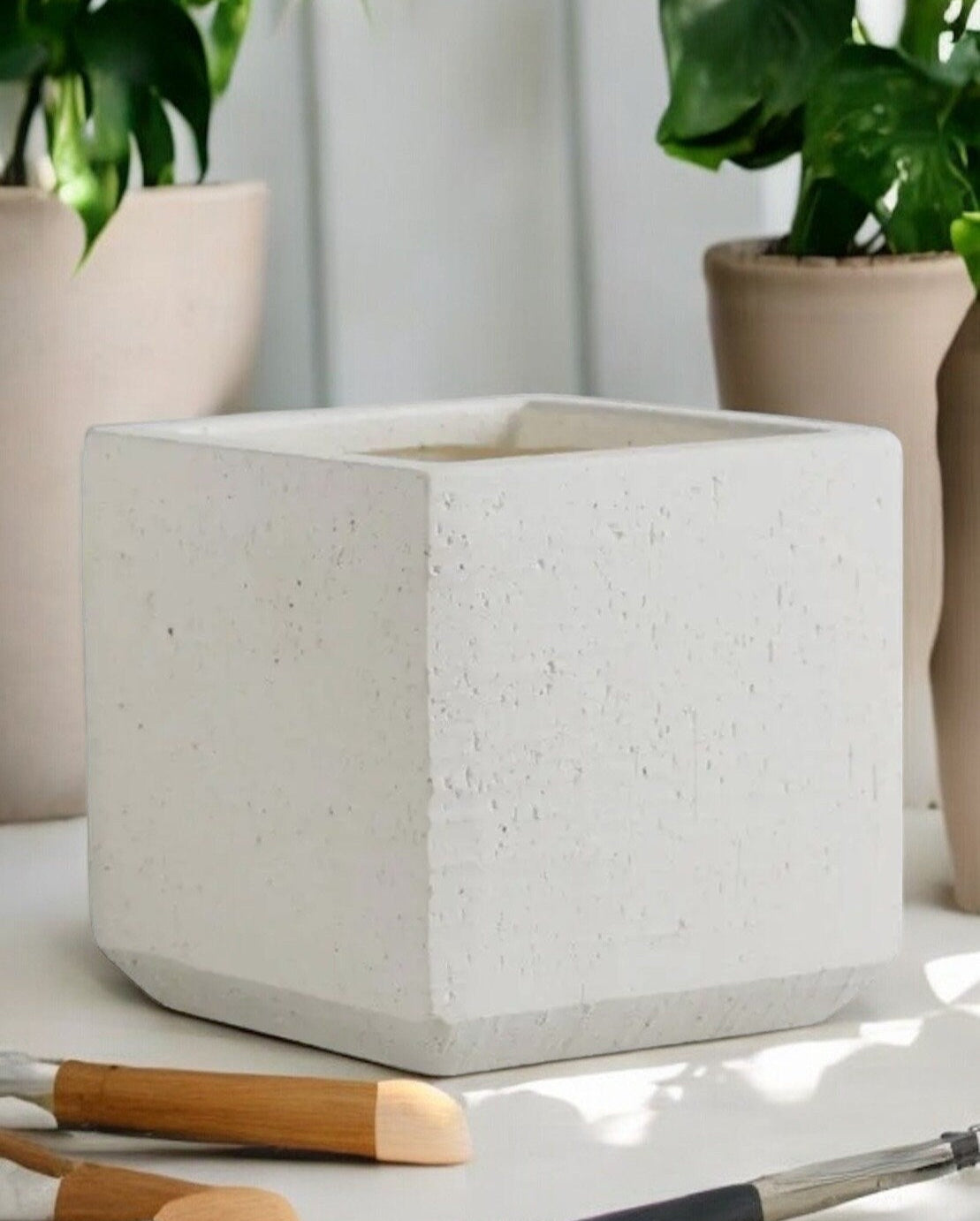 Matte White Square Planter Without Drainage Cube Ceramic Flower Pot Decorative Textured Cream Pot for House Plants Lover Gift for Gardener