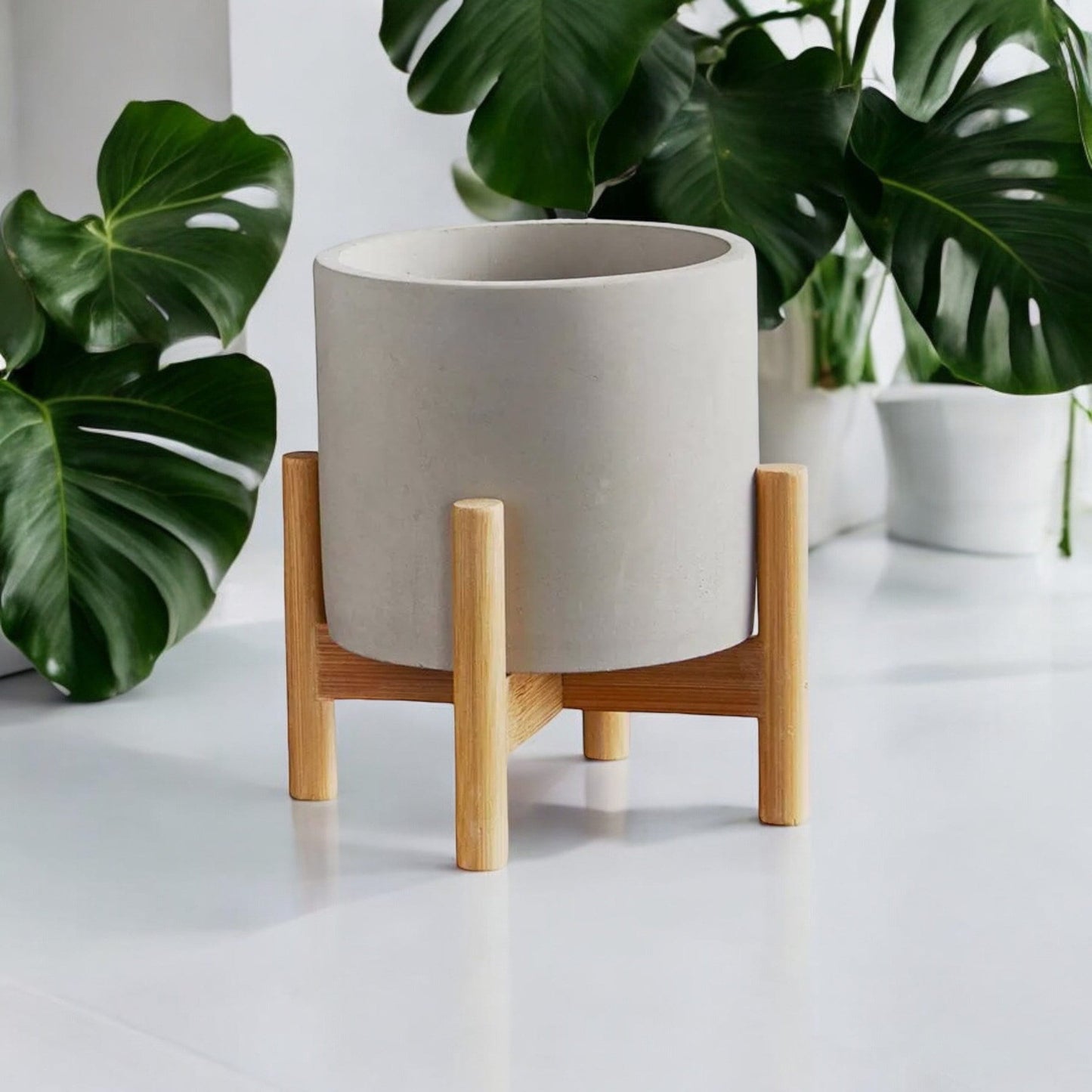 Planter with Wooden Stand With Drainage Plug Gray Decorative Concrete Pot for House Plants Lover Gift for Her