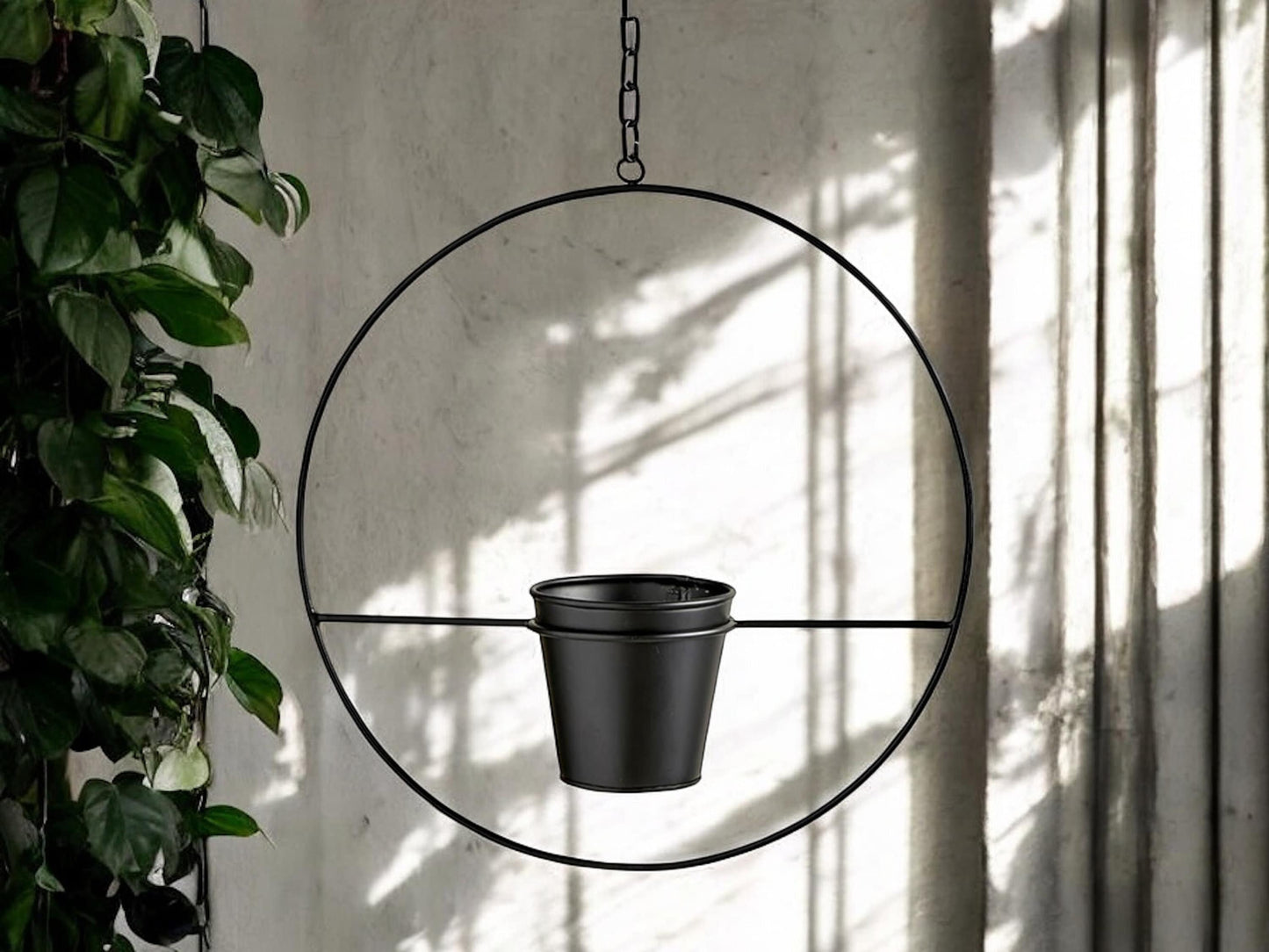 Black Circular Frame Hanging Planter for Vining Plants Matte Industrial Style Flower Pot Orb Decorative Pot for House Plant Lover