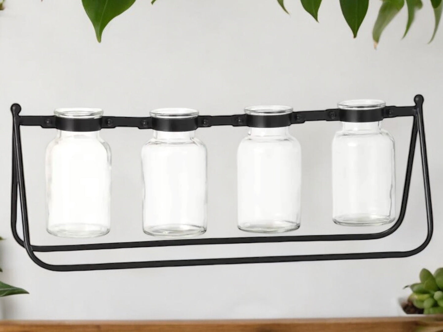 Modern Propagation Station with Black Metal Frame and 4 Glass Bottles Vase Propagate Modern with Stand Industrial Style