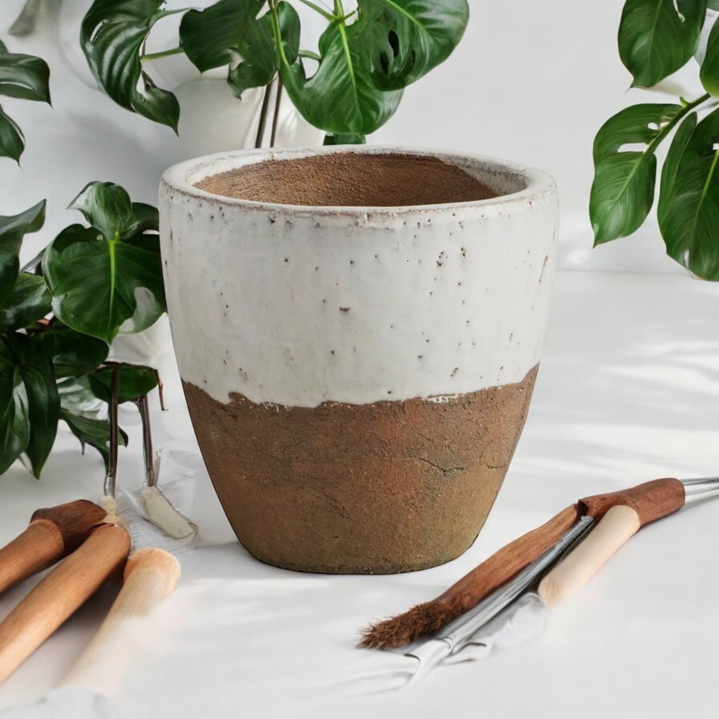 Rustic Two Tone Planter Without Drainage Textured Flower Pot Decorative Cream Brown Pot for House Plant Lover Gift for Mom
