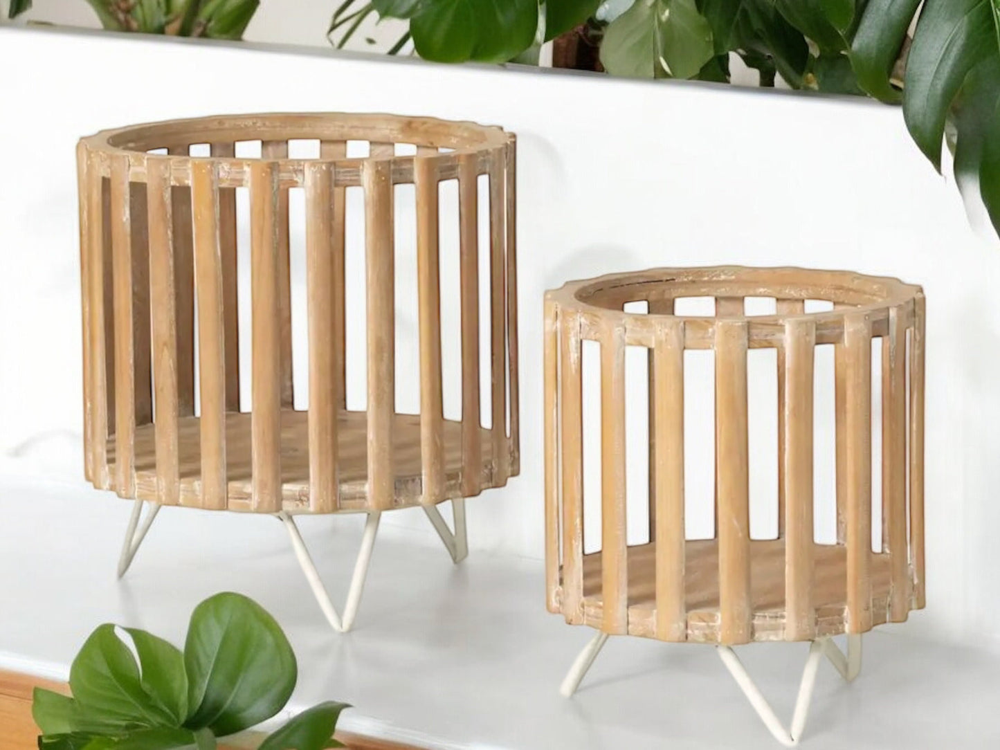 Slat Cylinder Pot Holder Set White Washed Wooden Stand for House Plants Riser for Flower Pot