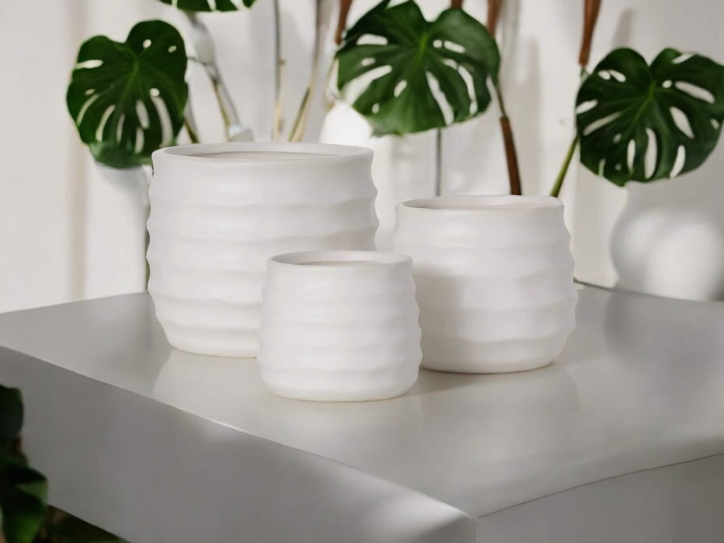 Matte White Ribbed Ceramic Planter Without Drainage Round Ripple Flower Pot Textured Decorative Ceramic Pot for House Plants Lover Gift