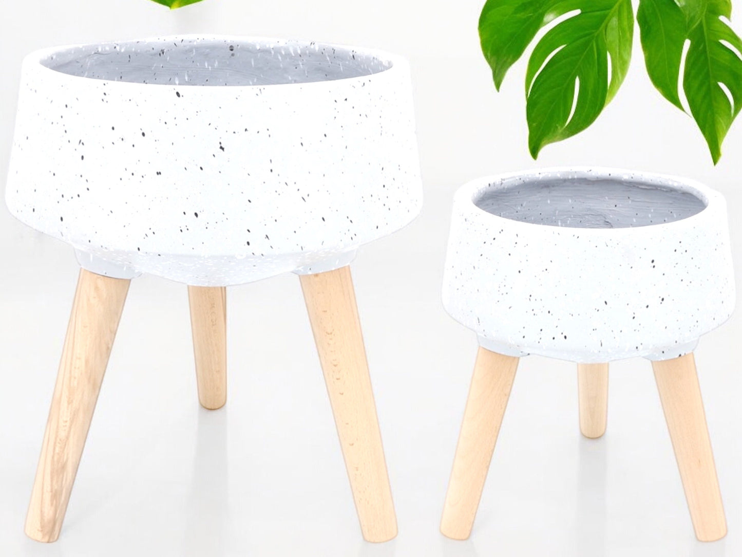 Large Terrazzo Shallow Succulent Planter with Wooden Legs Gray Tripod Flower Pot Grey