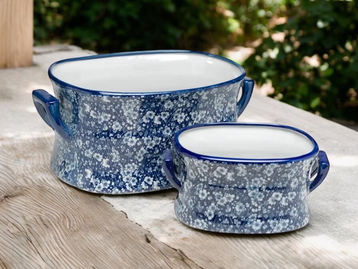 Blue Floral Footbath Planters with Handles Large Porcelain Flower Pots Blue and White Calico Design China Southern Print Decor