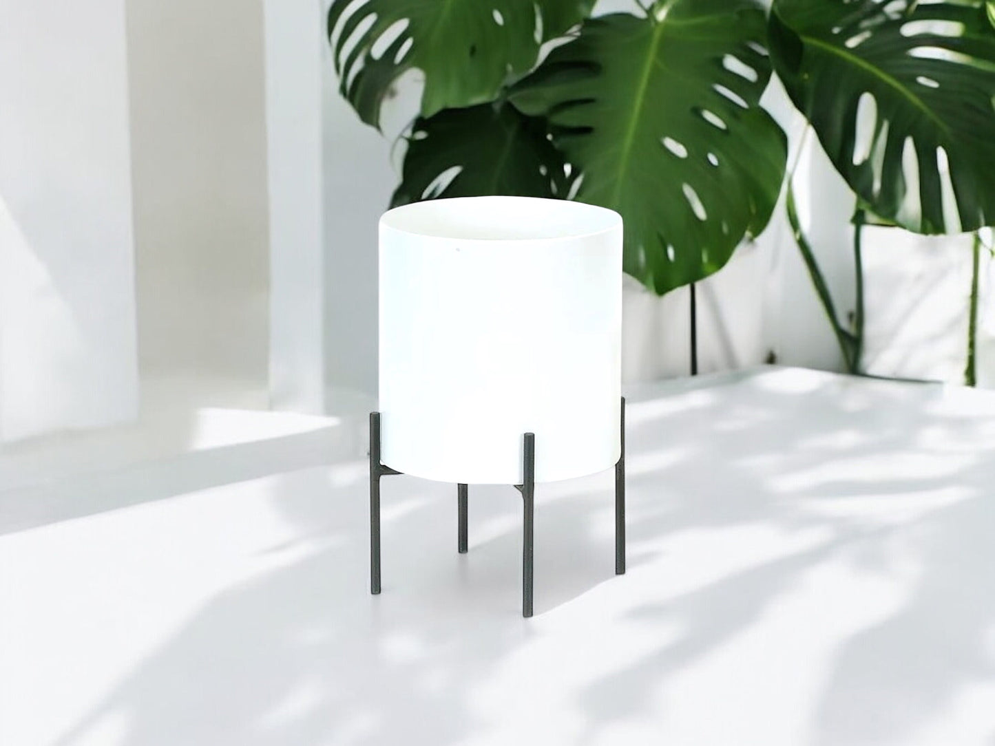 White Metal Planter on Black Metal Stand Modern Minimalist Planter Without Drainage Round Flower Pot
