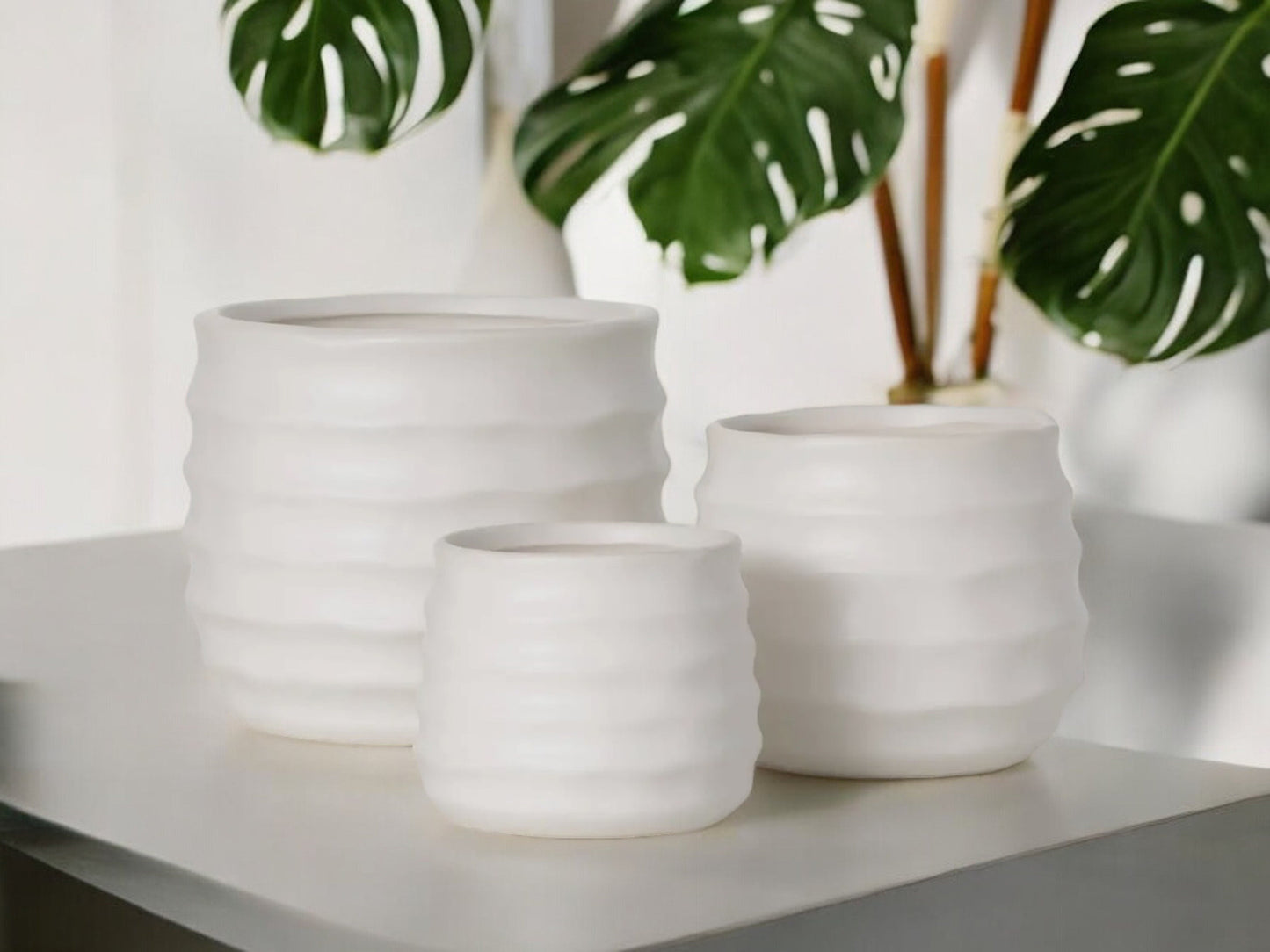 Matte White Ribbed Ceramic Planter Without Drainage Round Ripple Flower Pot Textured Decorative Ceramic Pot for House Plants Lover Gift