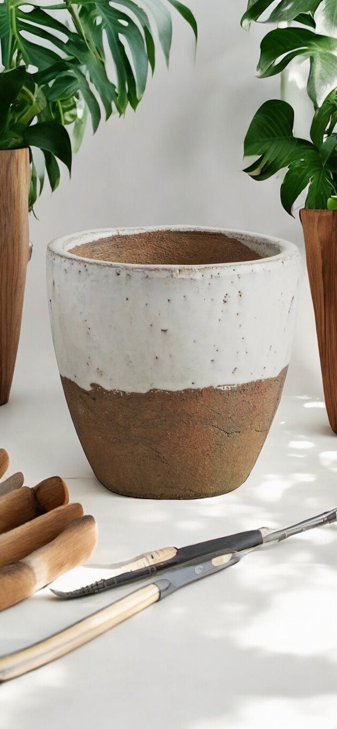 Rustic Two Tone Planter Without Drainage Textured Flower Pot Decorative Cream Brown Pot for House Plant Lover Gift for Mom