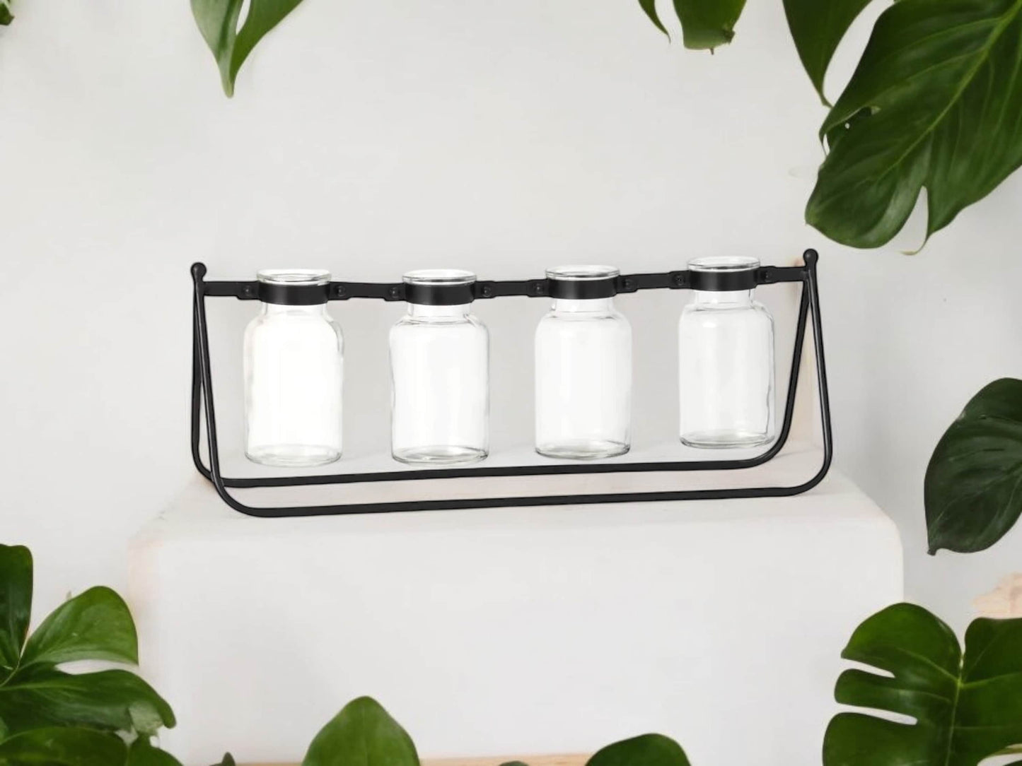 Modern Propagation Station with Black Metal Frame and 4 Glass Bottles Vase Propagate Modern with Stand Industrial Style