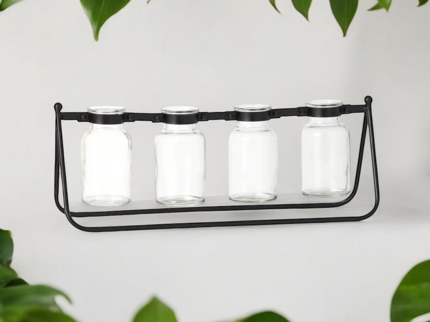 Modern Propagation Station with Black Metal Frame and 4 Glass Bottles Vase Propagate Modern with Stand Industrial Style
