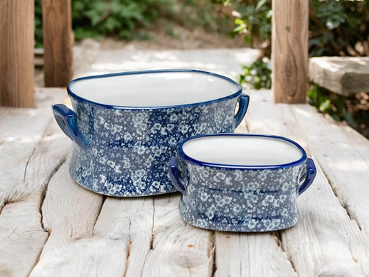 Blue Floral Footbath Planters with Handles Large Porcelain Flower Pots Blue and White Calico Design China Southern Print Decor