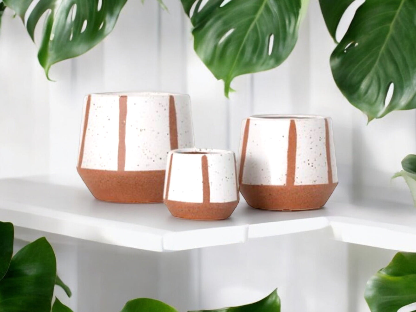 Modern Tribal Planter Without Drainage Round Belly Flower Pot Brown Off White Decorative Ceramic Pot for House Plants Lover Gift for Friend