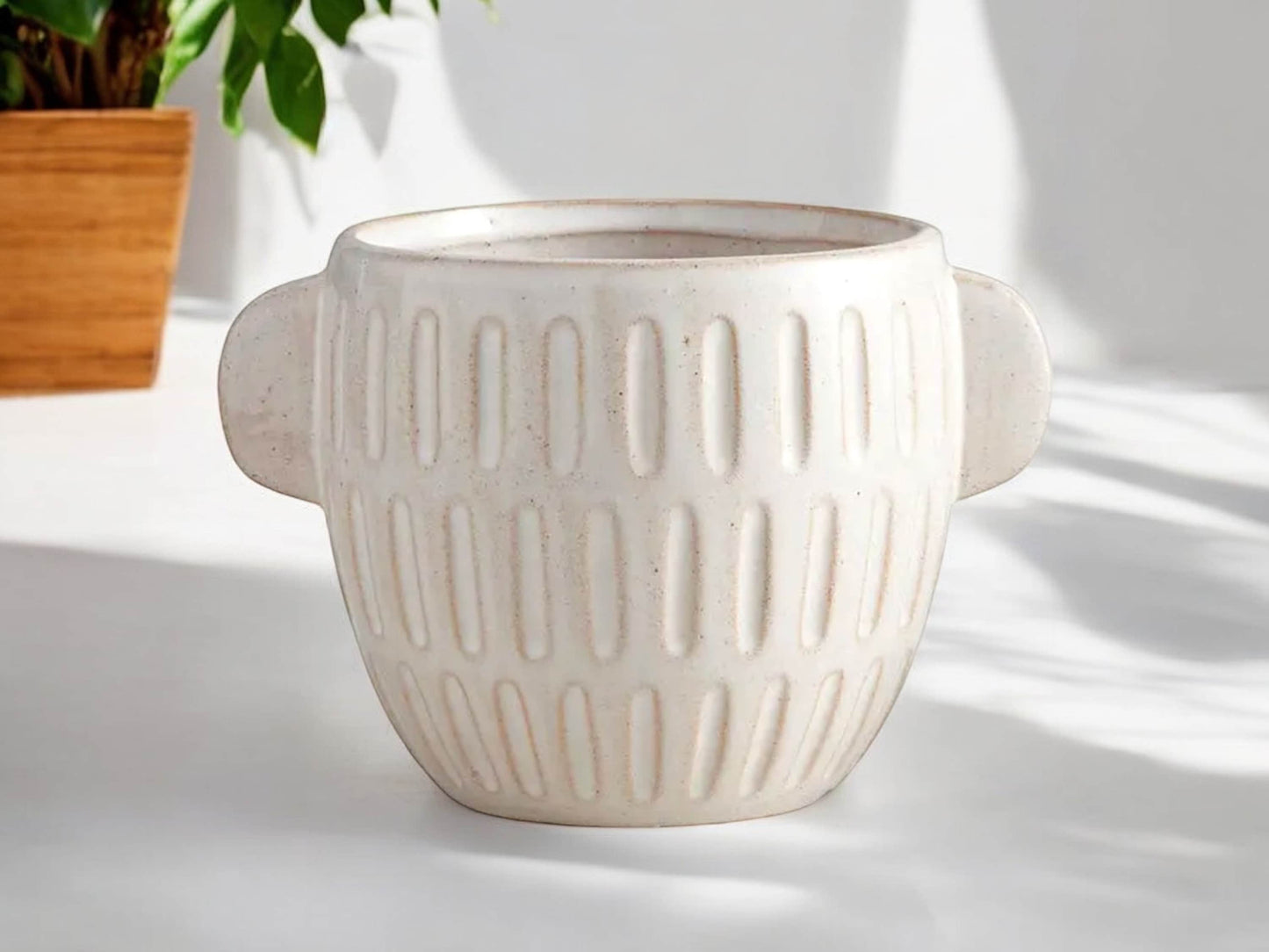 Embossed Stoneware Planter Large Cream Pot with Handles Rustic Unique Ceramic Without Drainage Textured Flower Pot Decorative Pot