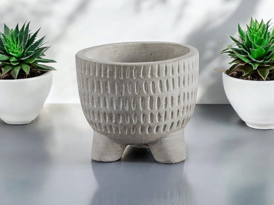 Small Boho Planter Without Drainage with Feet Gray Modern Tribal Pattern Concrete Tripod Flower Pot for Succulents Decorative Gift