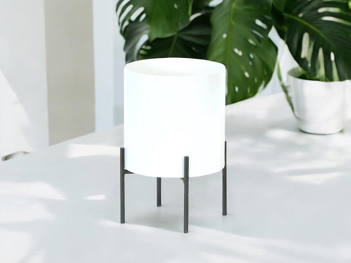 White Metal Planter on Black Metal Stand Modern Minimalist Planter Without Drainage Round Flower Pot