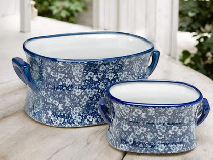 Blue Floral Footbath Planters with Handles Large Porcelain Flower Pots Blue and White Calico Design China Southern Print Decor