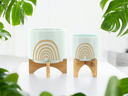 Mint Boho Rainbow Planter with Wooden Stand Light Blue Ceramic Planter for Nursery Gift for Teacher