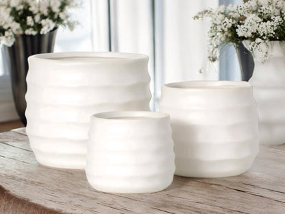 True White Ribbed Planter Set Ceramic Flower Pot for Wedding Decor Elegant Without Drainage Round Ripple Textured Wavy Decorative