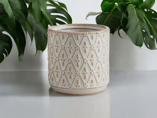 Embossed Ceramic Planter Without Drainage Cream with Pattern Flower Pot Decorative White Pot for House Office Decor Plant Lover Gift for Mom