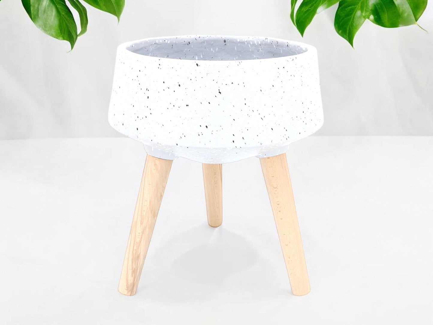 Large Terrazzo Shallow Succulent Planter with Wooden Legs Gray Tripod Flower Pot Grey