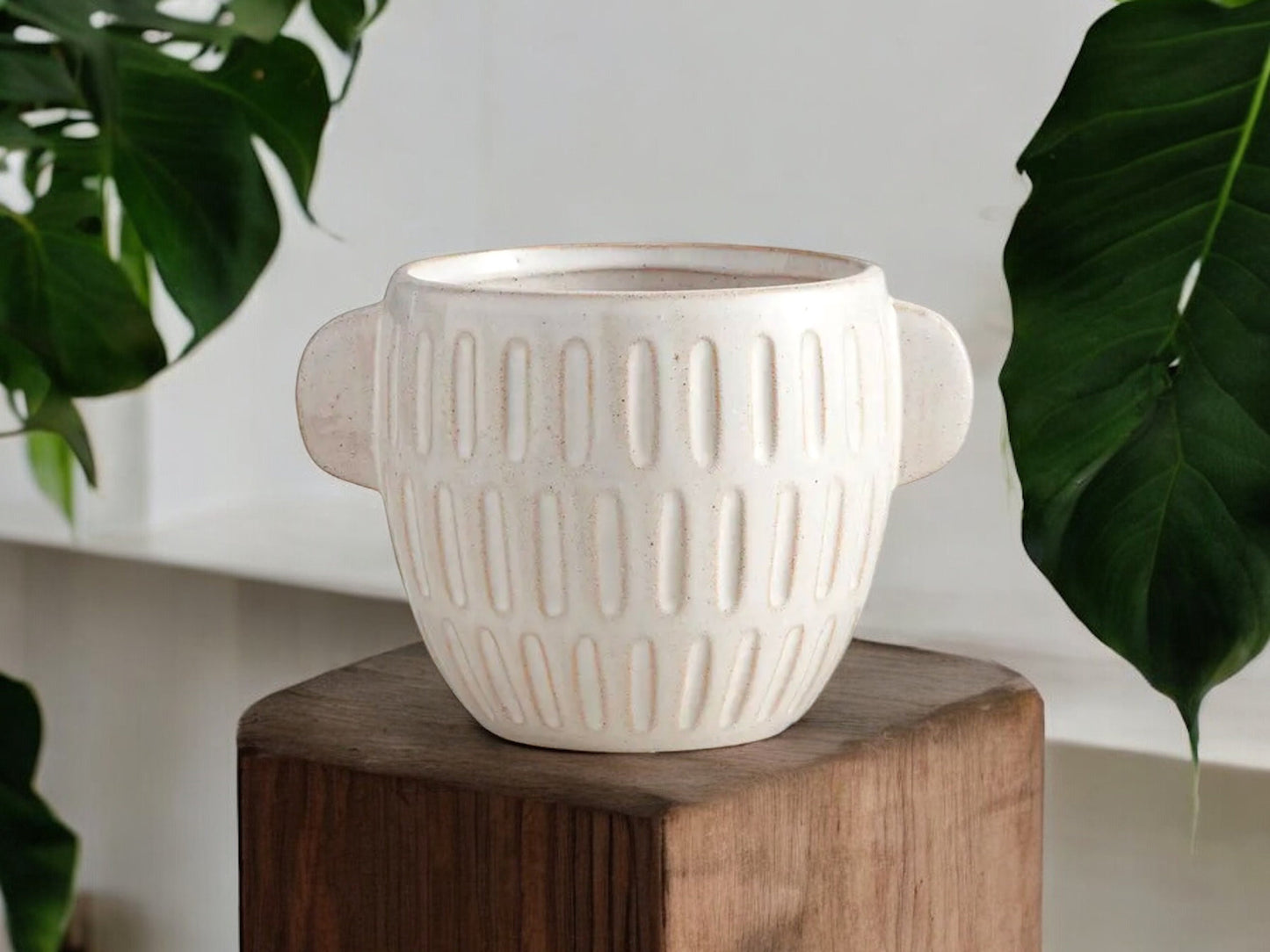 Embossed Stoneware Planter Large Cream Pot with Handles Rustic Unique Ceramic Without Drainage Textured Flower Pot Decorative Pot