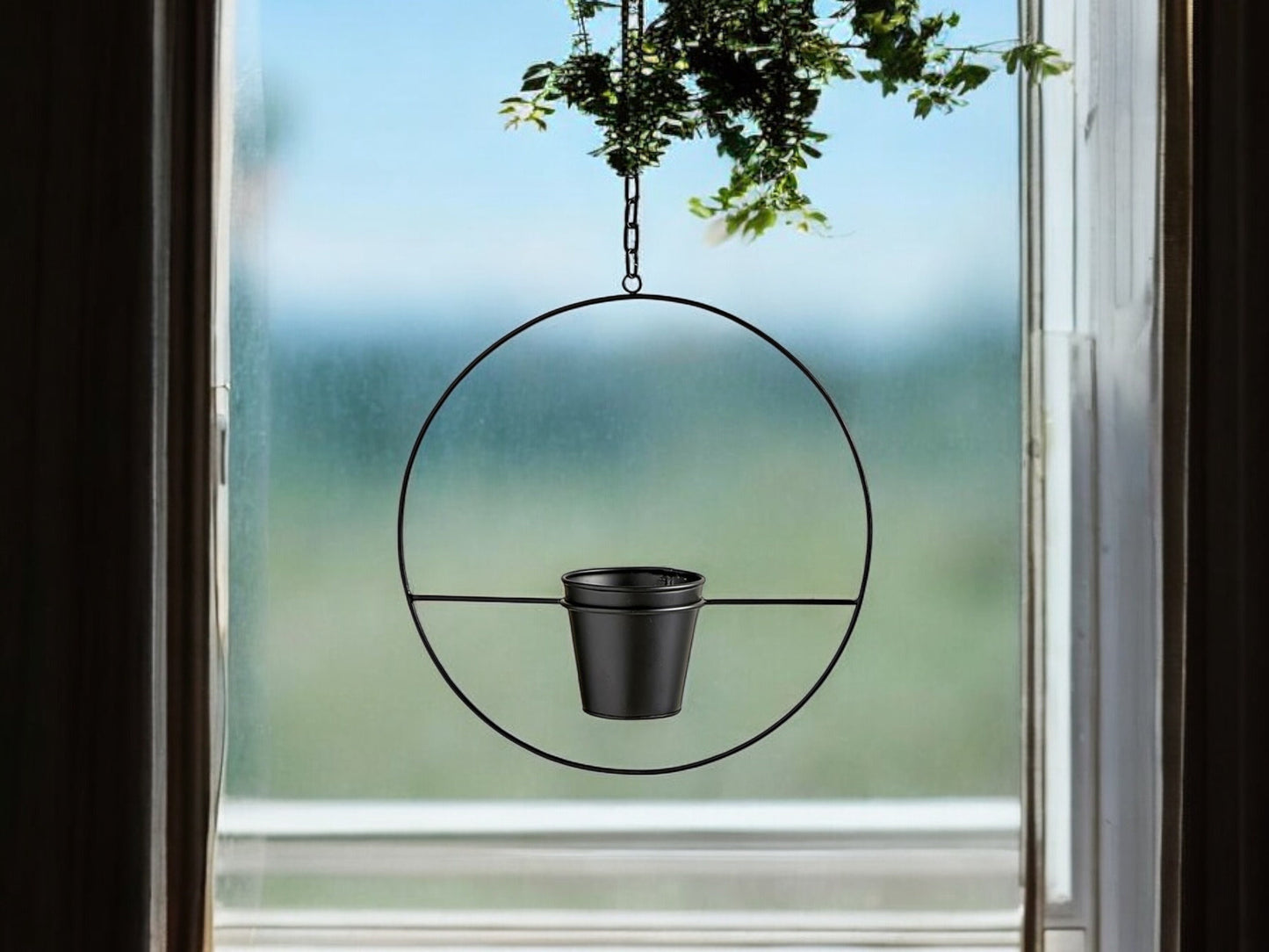 Black Circular Frame Hanging Planter for Vining Plants Matte Industrial Style Flower Pot Orb Decorative Pot for House Plant Lover