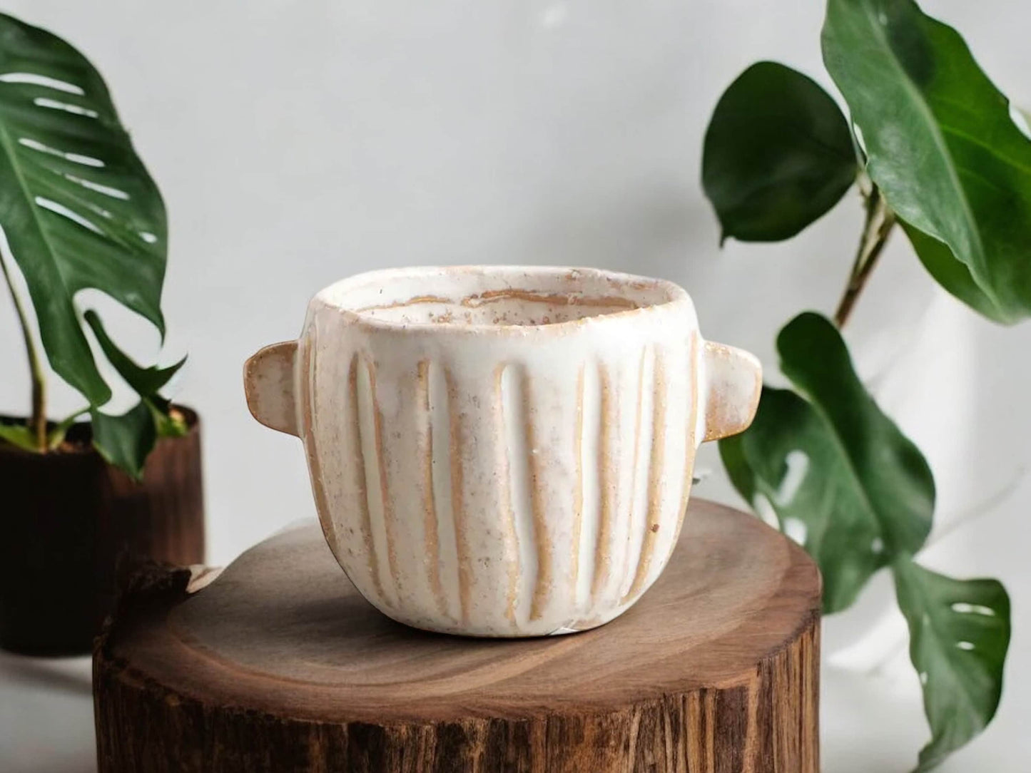 Cream Pot with Handles Ceramic Planter Without Drainage Textured Flower Pot Decorative Pot for House Plant