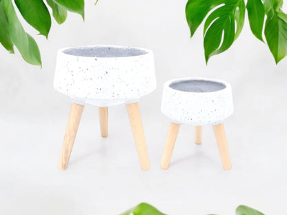 Large Terrazzo Shallow Succulent Planter with Wooden Legs Gray Tripod Flower Pot Grey