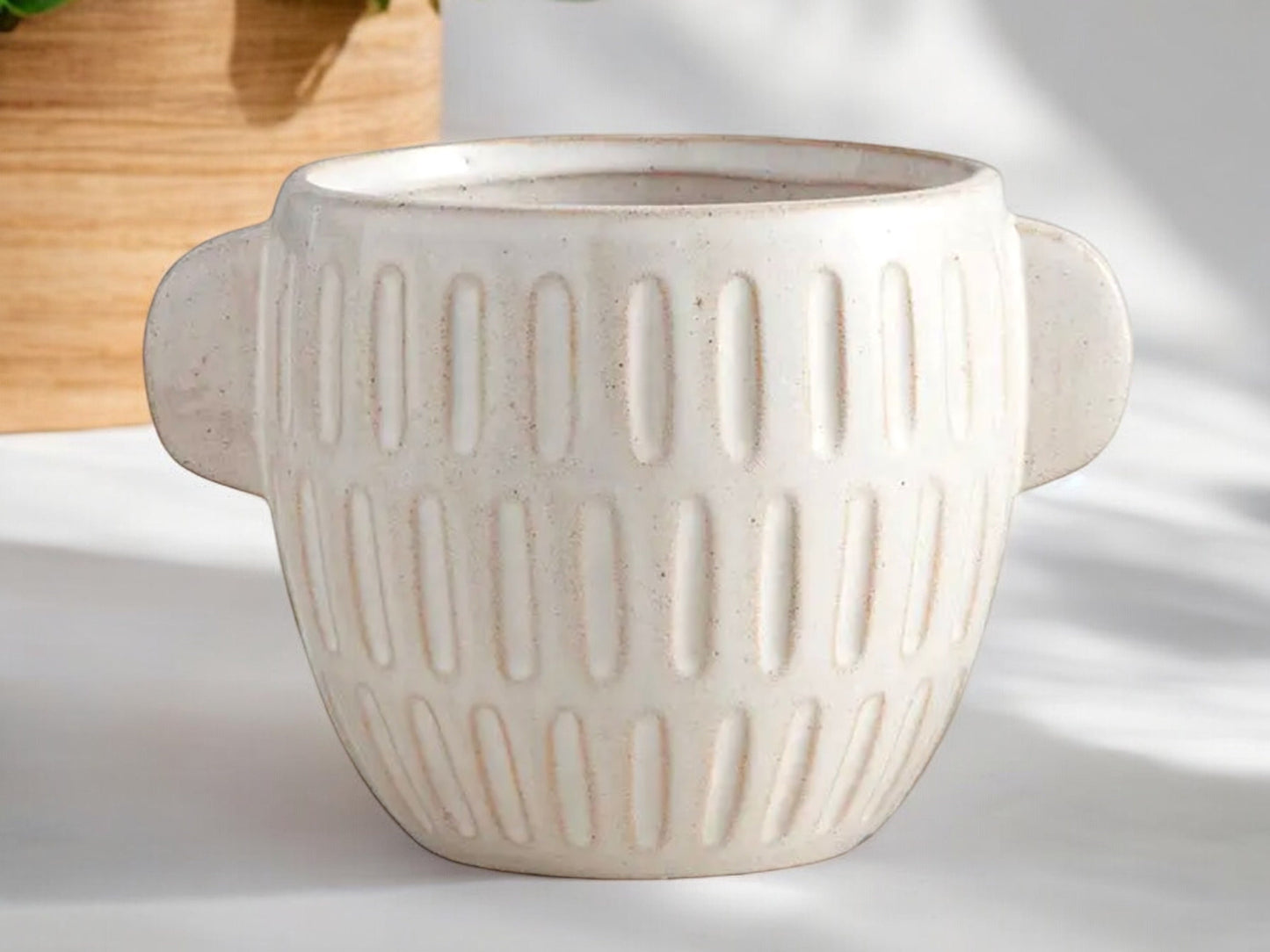 Embossed Stoneware Planter Large Cream Pot with Handles Rustic Unique Ceramic Without Drainage Textured Flower Pot Decorative Pot