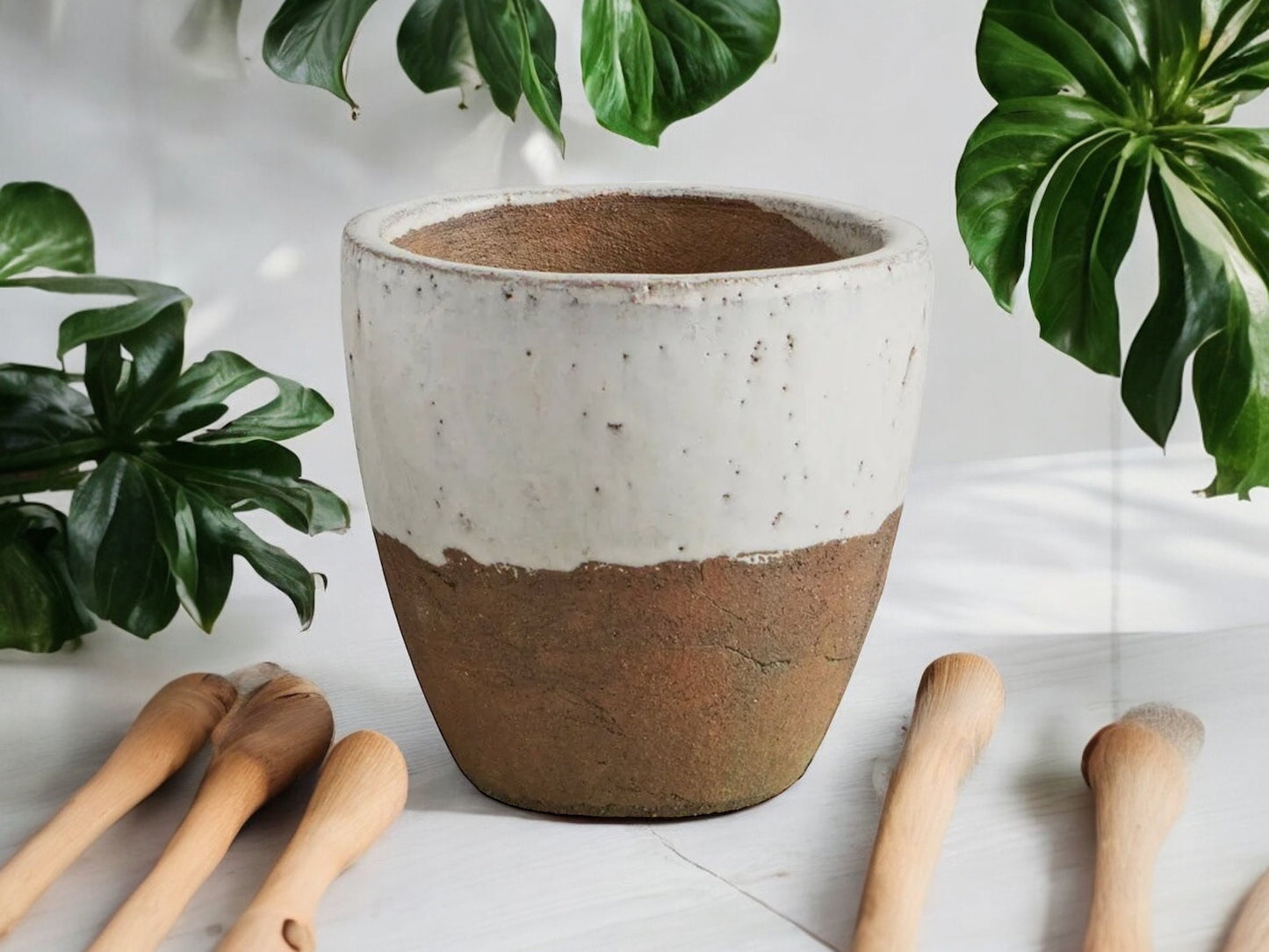 Rustic Two Tone Planter Without Drainage Textured Flower Pot Decorative Cream Brown Pot for House Plant Lover Gift for Mom