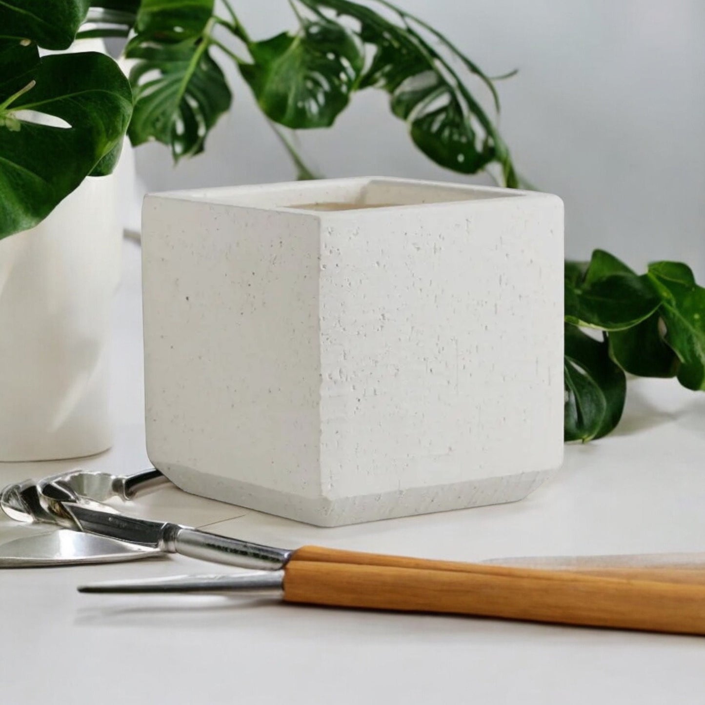 Matte White Square Planter Without Drainage Cube Ceramic Flower Pot Decorative Textured Cream Pot for House Plants Lover Gift for Gardener