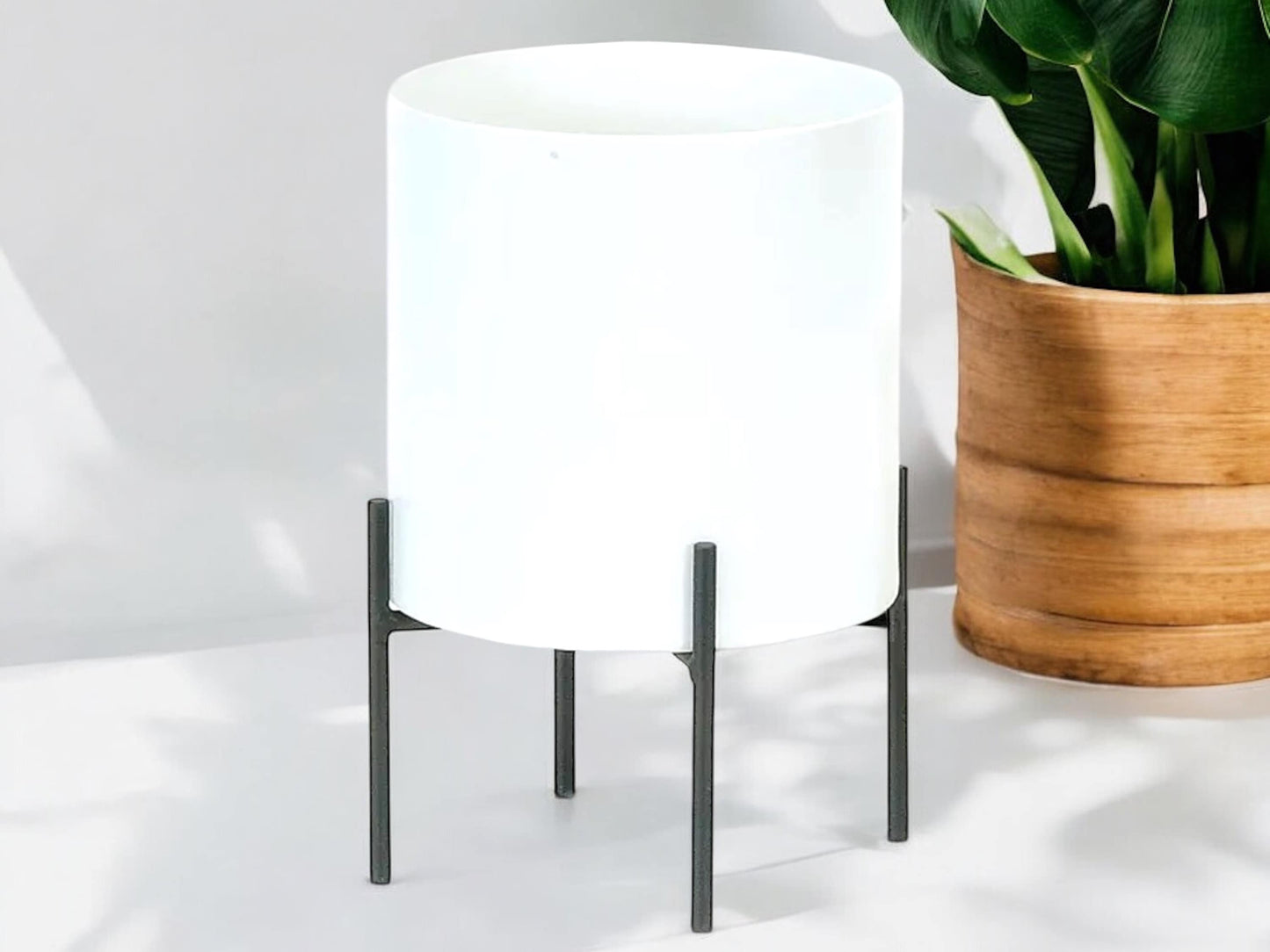 White Metal Planter on Black Metal Stand Modern Minimalist Planter Without Drainage Round Flower Pot