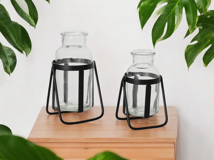 Modern Propagation Station Set with Black Metal Frame and Glass Bottles Vase Propagate Modern Industrial Style