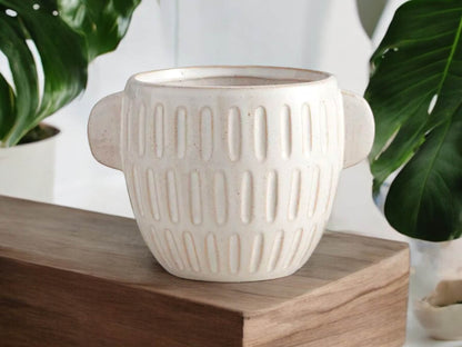 Embossed Stoneware Planter Large Cream Pot with Handles Rustic Unique Ceramic Without Drainage Textured Flower Pot Decorative Pot