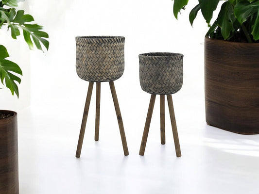 Basket Planters with Legs Dark Brown Wooden Bamboo Woven Flower Pot on Stand with Wooden Legs Tripod