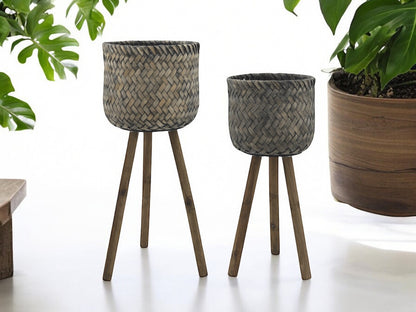 Basket Planters with Legs Dark Brown Wooden Bamboo Woven Flower Pot on Stand with Wooden Legs Tripod