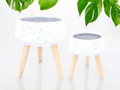 Large Terrazzo Shallow Succulent Planter with Wooden Legs Gray Tripod Flower Pot Grey