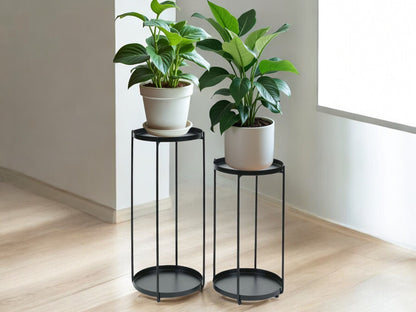 Set of 2 Black Plant Stands Set Made of Metal Round Table Risers for House Plants