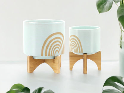 Mint Boho Rainbow Planter with Wooden Stand Light Blue Ceramic Planter for Nursery Gift for Teacher