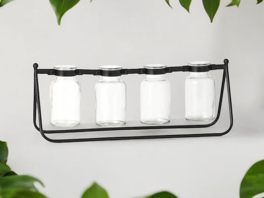 Modern Propagation Station with Black Metal Frame and 4 Glass Bottles Vase Propagate Modern with Stand Industrial Style