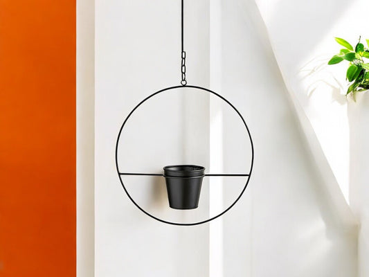 Black Circular Frame Hanging Planter for Vining Plants Matte Industrial Style Flower Pot Orb Decorative Pot for House Plant Lover