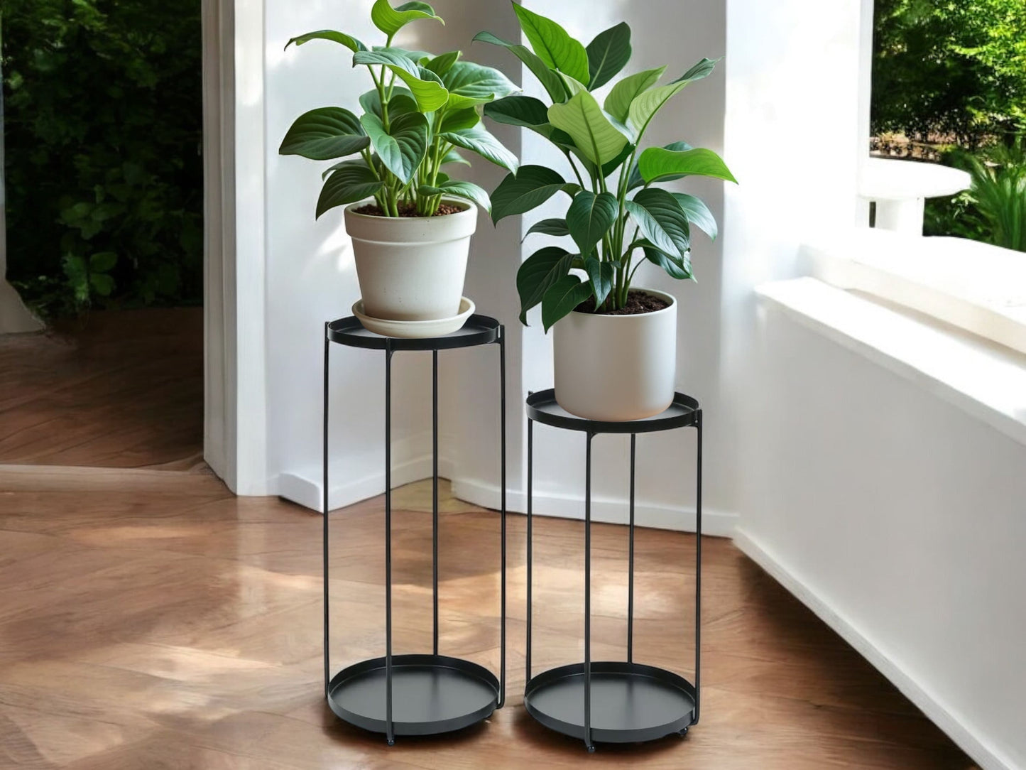 Set of 2 Black Plant Stands Set Made of Metal Round Table Risers for House Plants