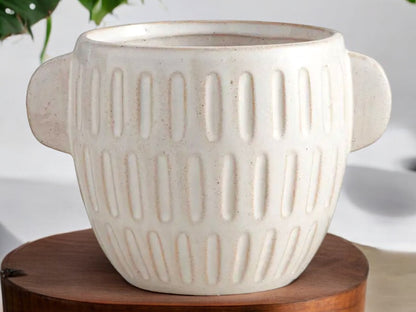 Embossed Stoneware Planter Large Cream Pot with Handles Rustic Unique Ceramic Without Drainage Textured Flower Pot Decorative Pot