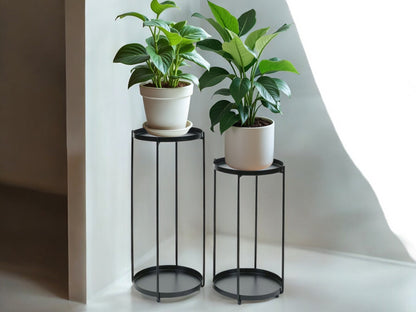 Set of 2 Black Plant Stands Set Made of Metal Round Table Risers for House Plants