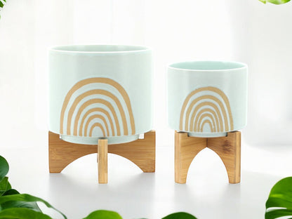 Mint Boho Rainbow Planter with Wooden Stand Light Blue Ceramic Planter for Nursery Gift for Teacher